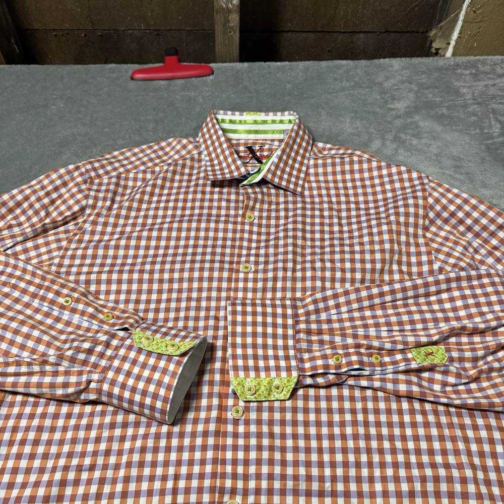 Robert Graham Flip Cuff Men's‎ Size L Orange Gingham Plaid Button Up Shirt